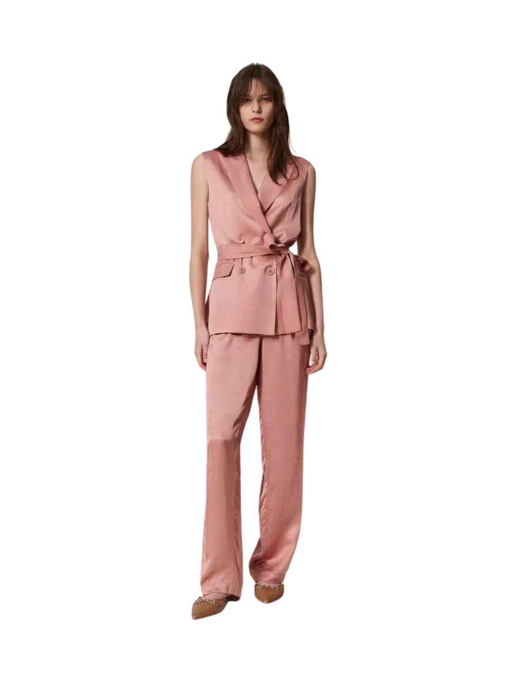 Pantaloni Twinset in misto viscosa, vestibilità regular, colore Coral, modell... - Imagen 3 de 4