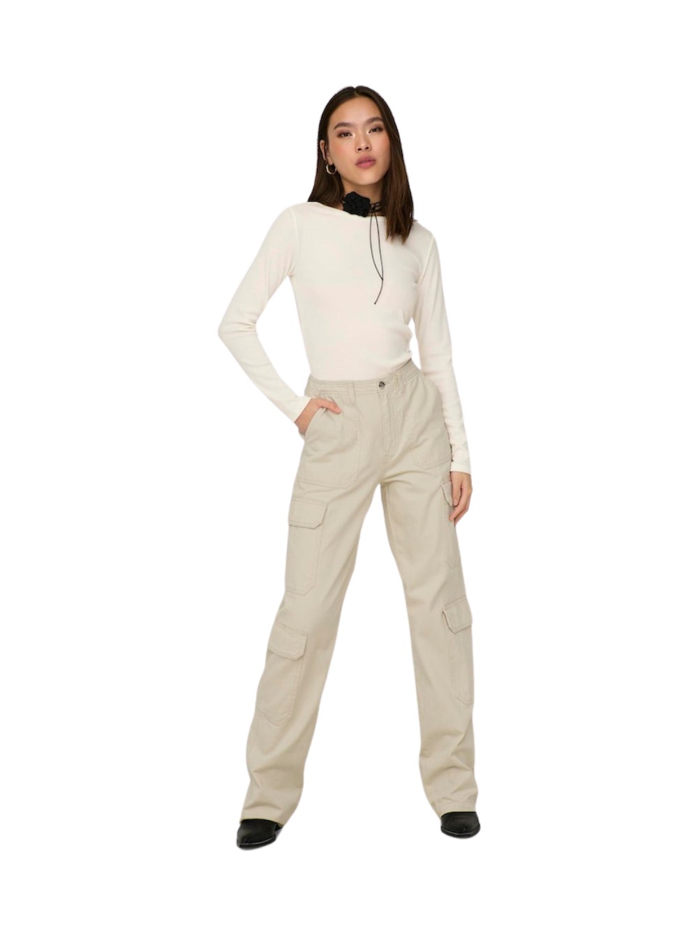 Pantaloni cargo Only da donna, 100% Cotone, Loose Fit, colore grigio. - Imagen 3 de 4