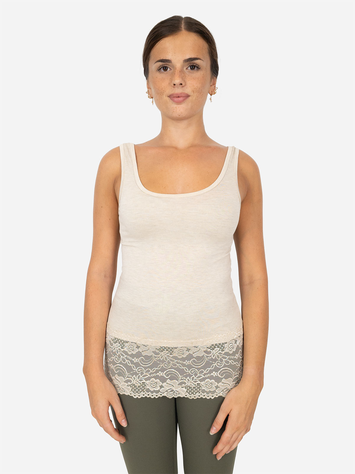 Canotta Donna In Raso E Pizzo - Girocollo Senza Maniche, Beige, Morbida E Elegante - Foto 6