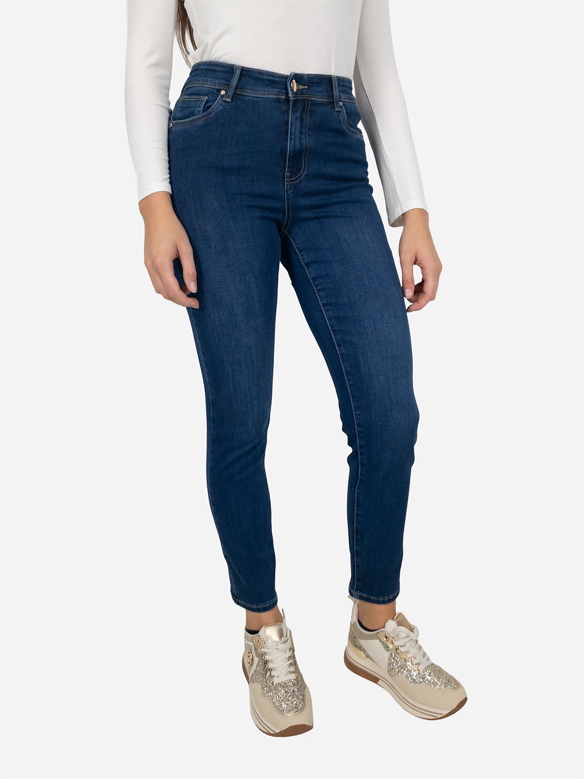 Jeans dritti capri donna Emanuela Costa vita alta blu denim