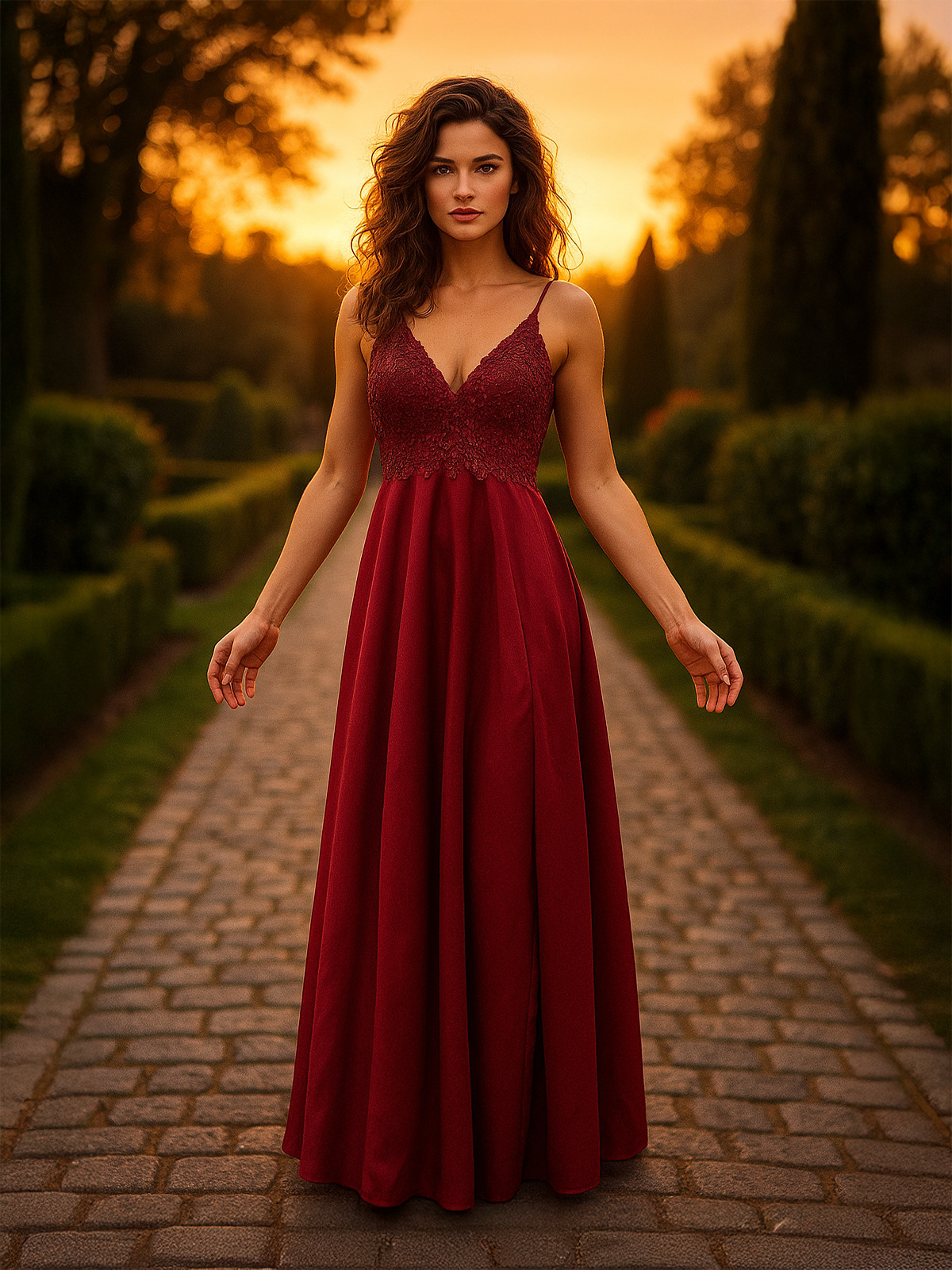 Abito lungo da cerimonia elegante con pizzo e strass – Gonna ampia