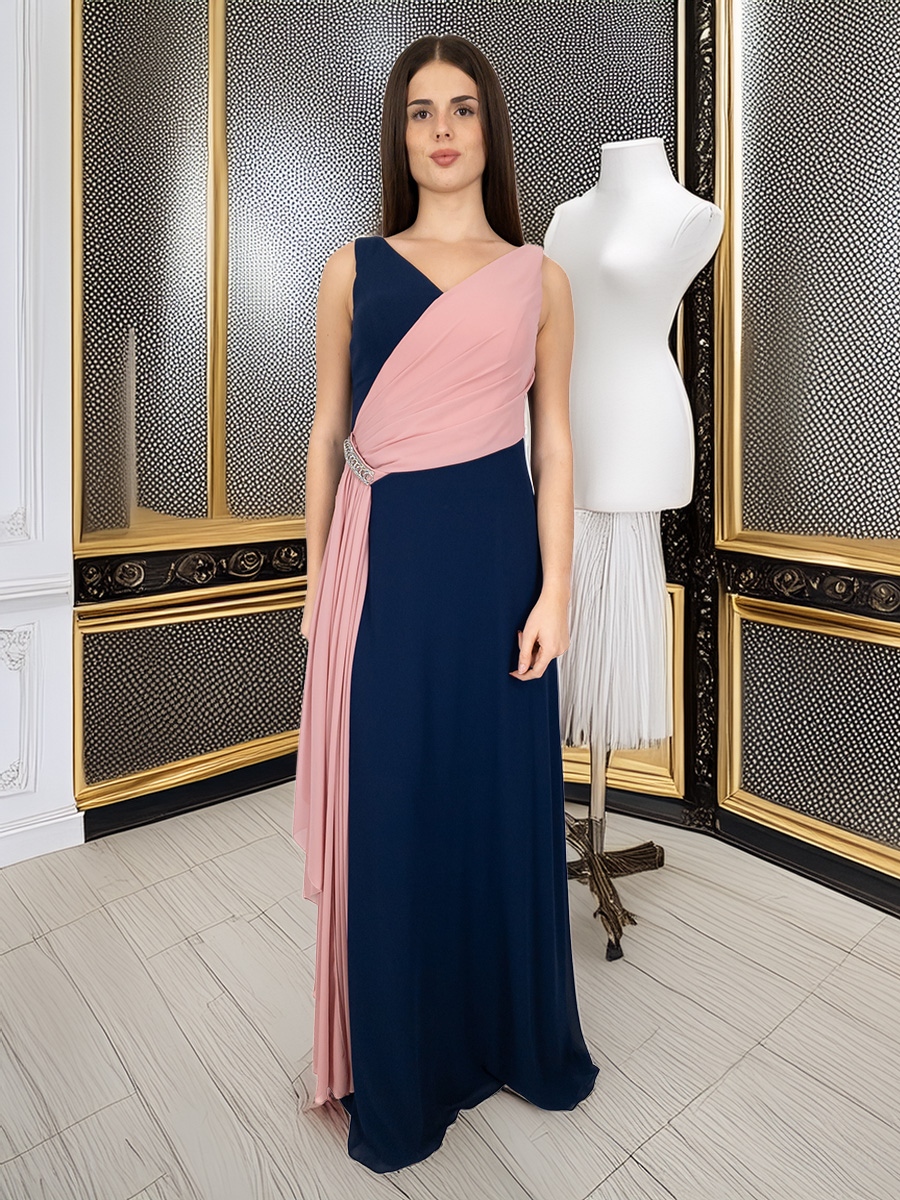 Abito lungo da cerimonia stile impero con scollo a V e stola