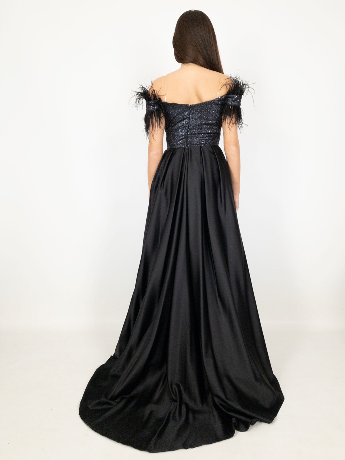 Paillettes Abito Lungo Con Piume Abito Da Sera Nero Scintillante