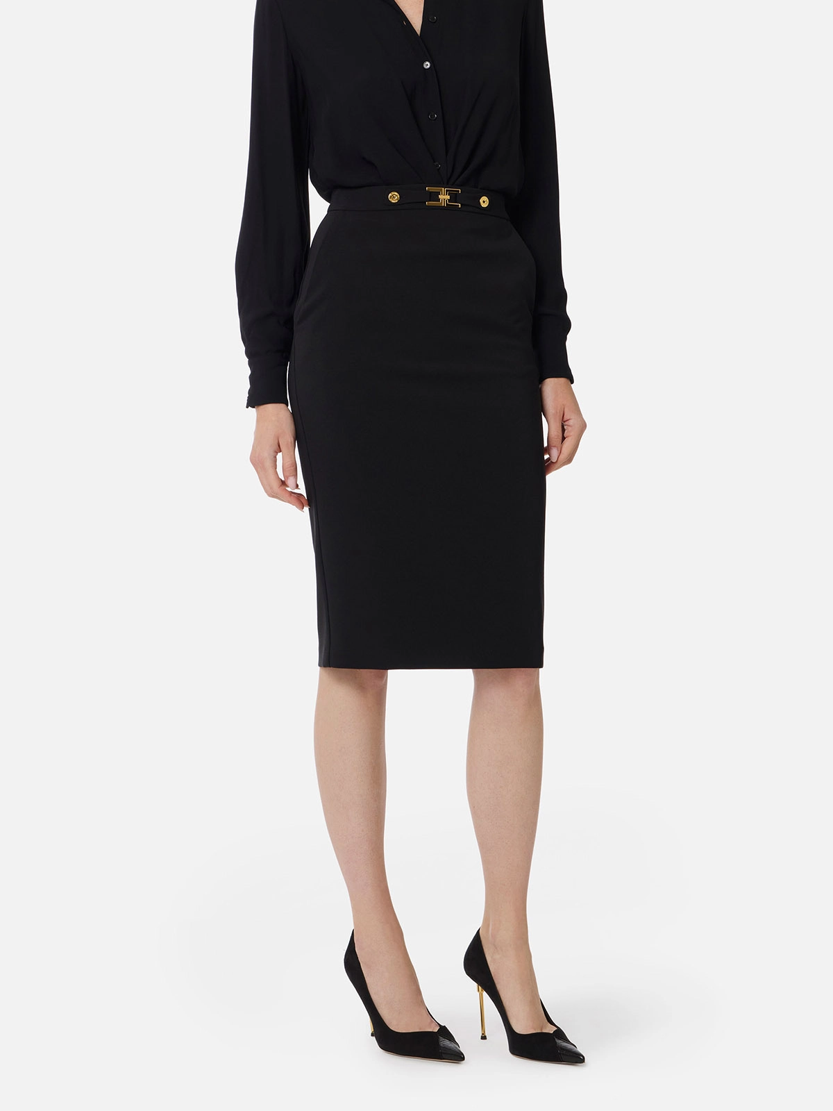 GO13756E2 Elisabetta Franchi Crêpe Skirt With Jewel Logo