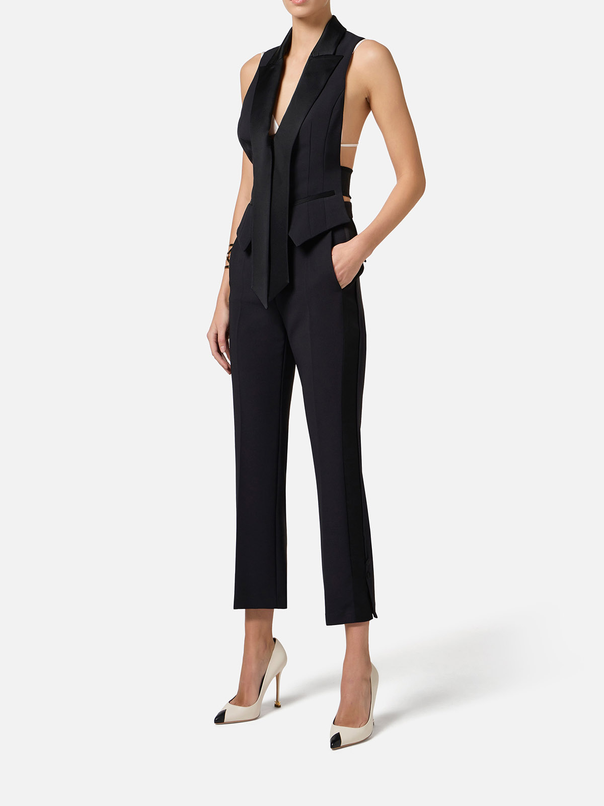 パンツ ELISABETTA FRANCHI Women Straight Pants PA08651E2 110 Black PA08651E2 Elisabetta Franchi Crepe Tuxedo Pants With Satin Bands