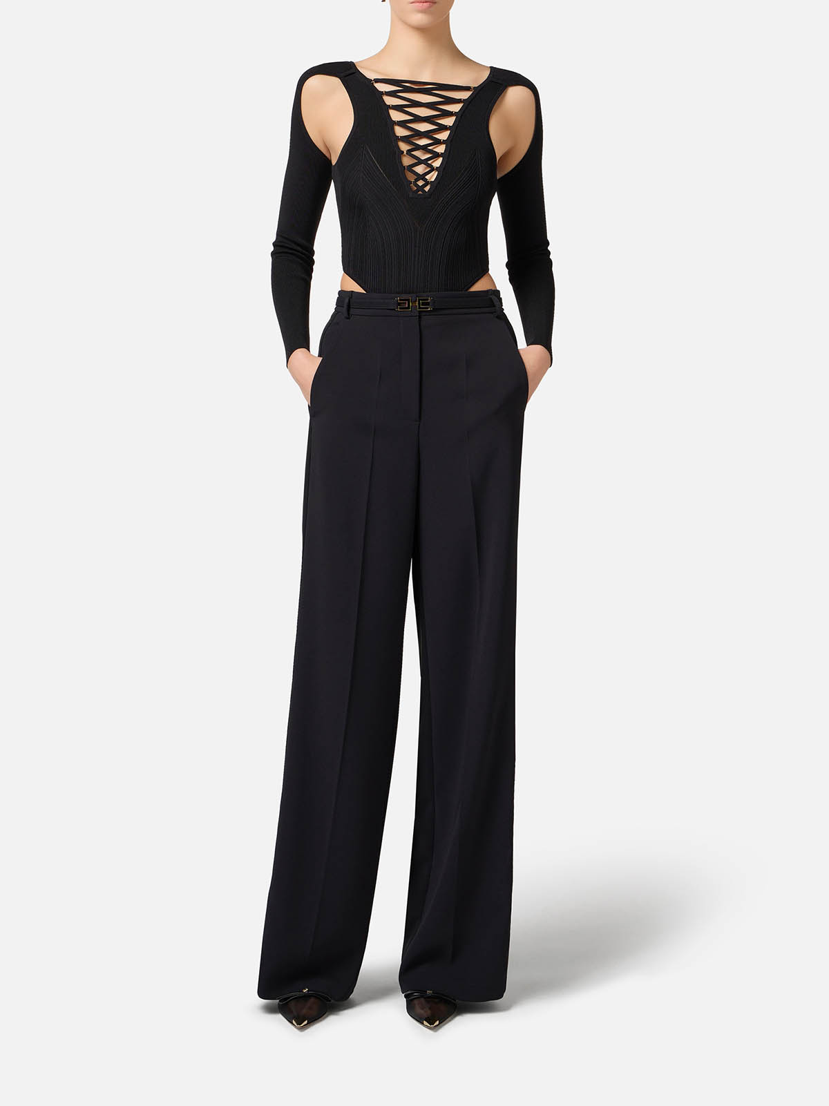 【25SS】 ELISABETTA FRANCHI サテンバンド クレープパンツ 2色 PA08751E2 Elisabetta Franchi Crêpe Trousers With Satin Bands
