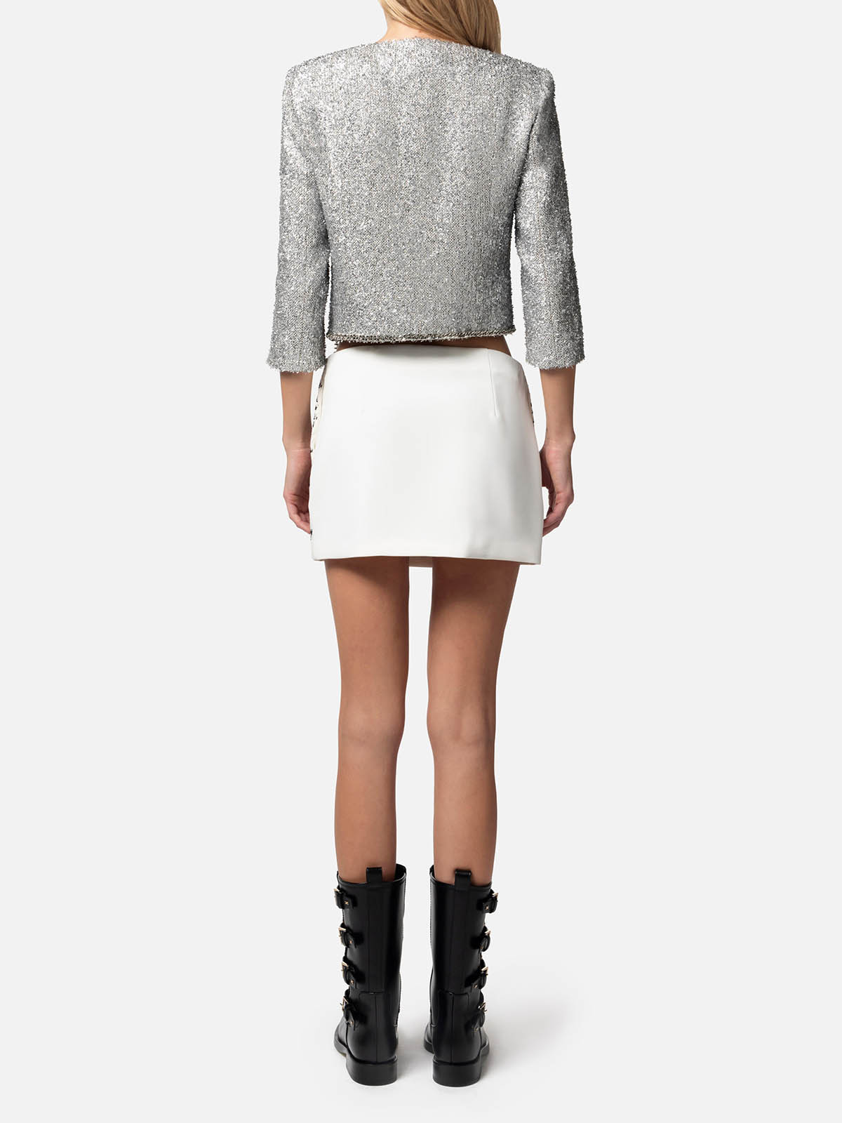 GI07442E2 Elisabetta Franchi Cropped Jacket In Lurex Tweed With Charms
