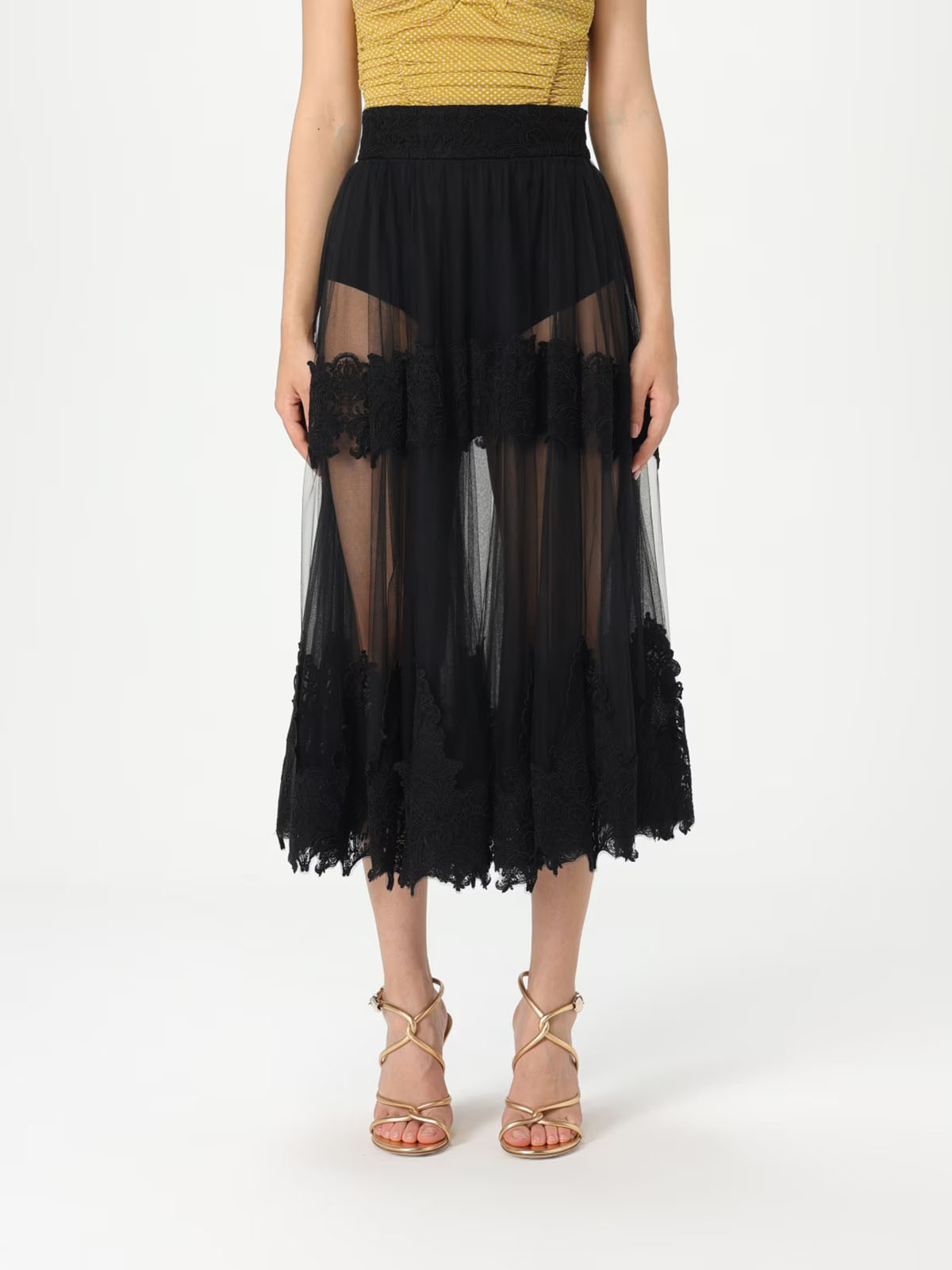 スカート ELISABETTA FRANCHI Women Mid Skirts GO04252E2 193 White GO04252E2 Elisabetta Franchi Tulle Skirt With Lace Decorations