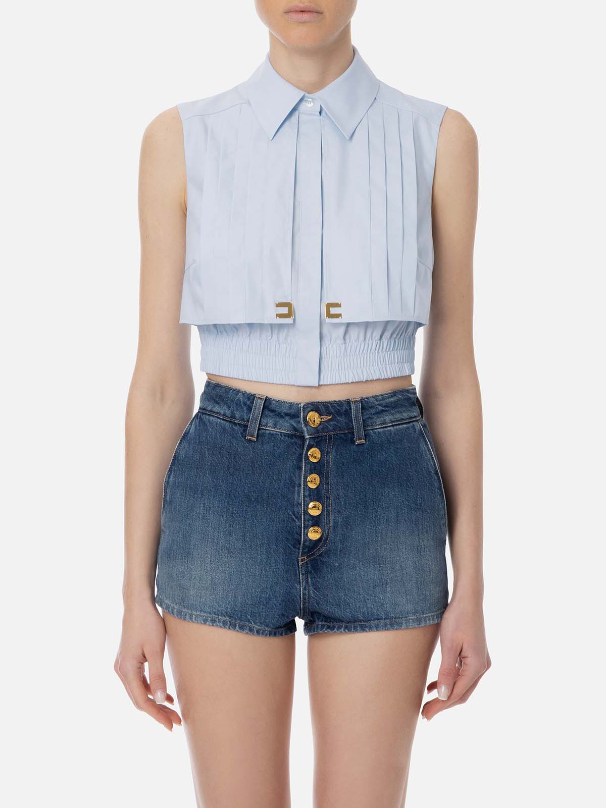 ELISABETTA FRANCHI●ジュエルピン付き ギャザー半袖Tシャツ Elisabetta Franchi georgette blouse with scarf for women