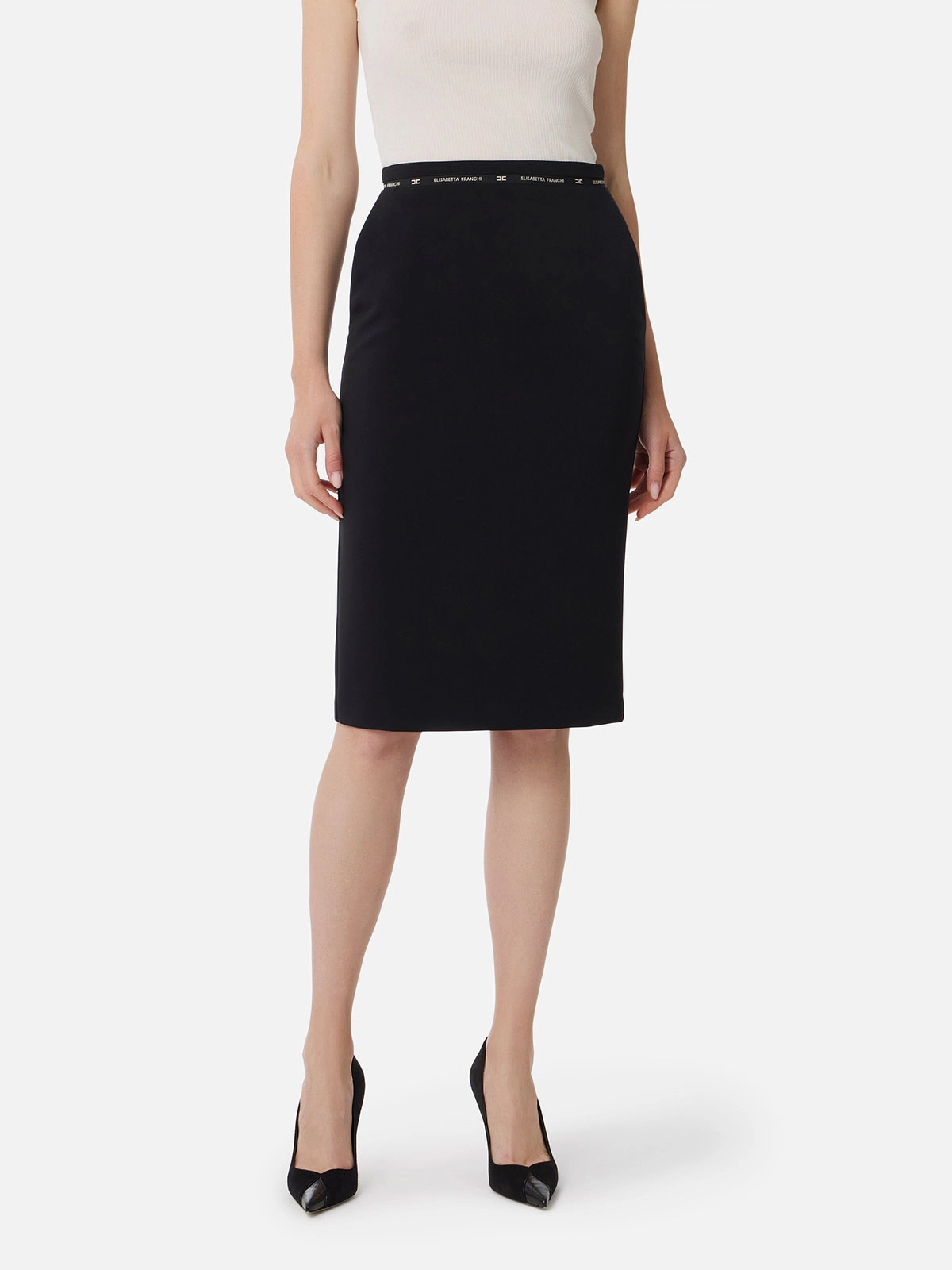 GO11856E2 Elisabetta Franchi Crêpe Skirt With Logo Ribbon