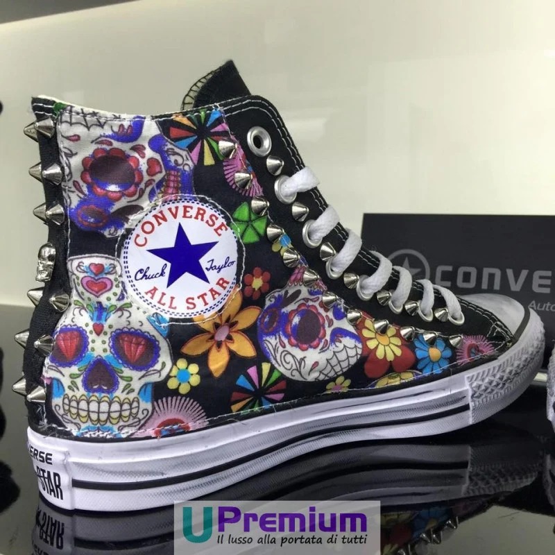 Converse All Star Teschio Messicano Tessuto Borchiate Nere Scarpe Unisex adul... - Imagen 3 de 6