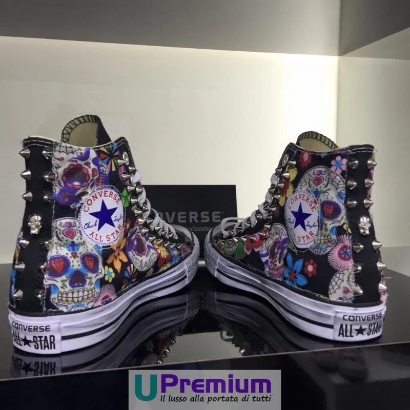 Converse All Star Teschio Messicano Tessuto Borchiate Nere Scarpe Unisex adul... - Imagen 2 de 6