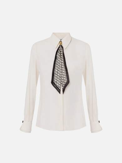 ELISABETTA FRANCHI●ジュエルピン付き ギャザー半袖Tシャツ CA09356E2 Elisabetta Franchi Georgette Shirt With Scarf