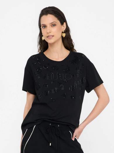 Tシャツ・カットソー LIU JO Woman T-Shirt Black TA5190J5942 22222 Liu Jo stretch cotton T-shirt with rhinestone logo for girls